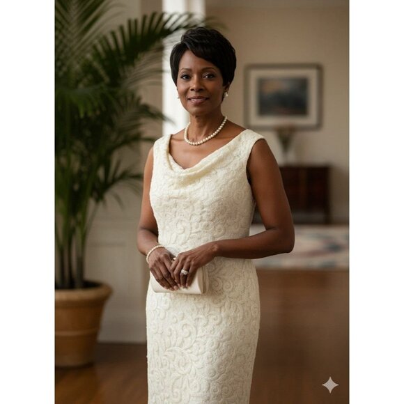 Lauren Ralph Lauren Metallic Ivory Sheath Dress Sz 10 AJ1002 Elegant Old Money - Picture 1 of 6